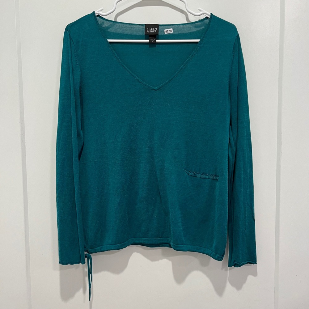 Eileen Fisher Teal Green V-Neck Knit Sweater Drawstring Hem Small